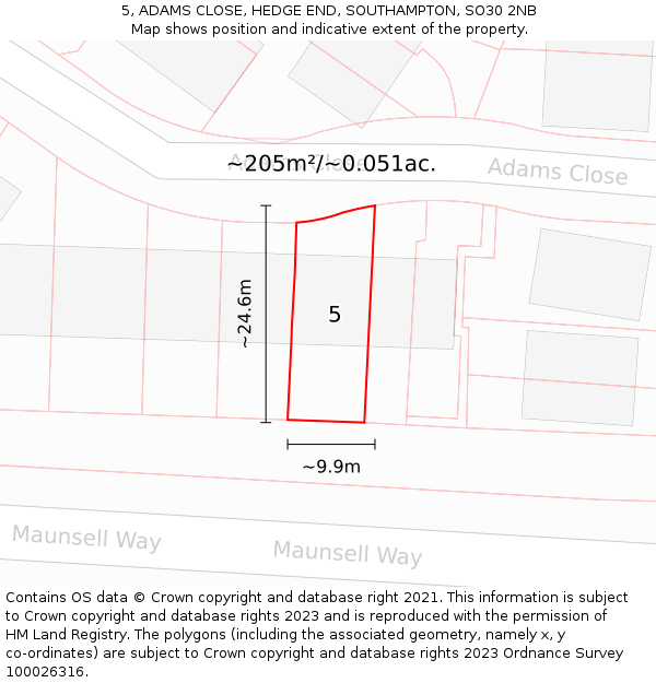 5, ADAMS CLOSE, HEDGE END, SOUTHAMPTON, SO30 2NB: Plot and title map