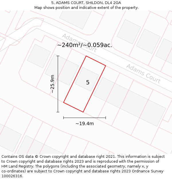 5, ADAMS COURT, SHILDON, DL4 2GA: Plot and title map