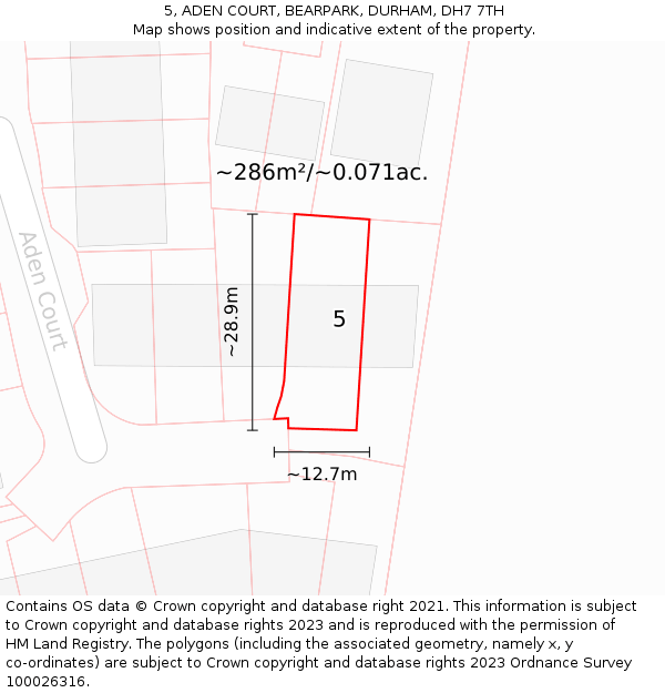 5, ADEN COURT, BEARPARK, DURHAM, DH7 7TH: Plot and title map