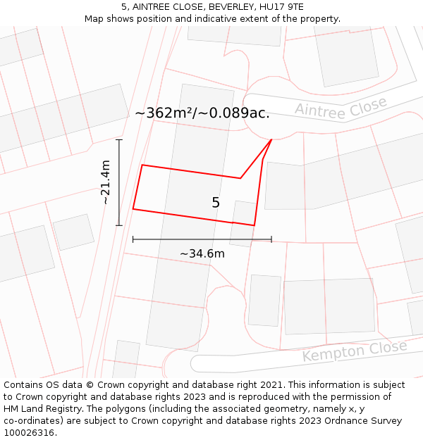 5, AINTREE CLOSE, BEVERLEY, HU17 9TE: Plot and title map