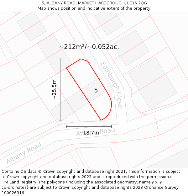 5, ALBANY ROAD, MARKET HARBOROUGH, LE16 7QG: Plot and title map