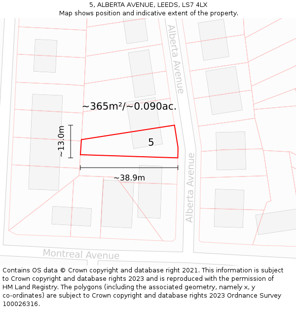 5, ALBERTA AVENUE, LEEDS, LS7 4LX: Plot and title map