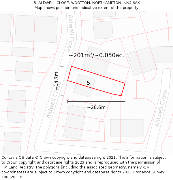 5, ALDWELL CLOSE, WOOTTON, NORTHAMPTON, NN4 6AX: Plot and title map