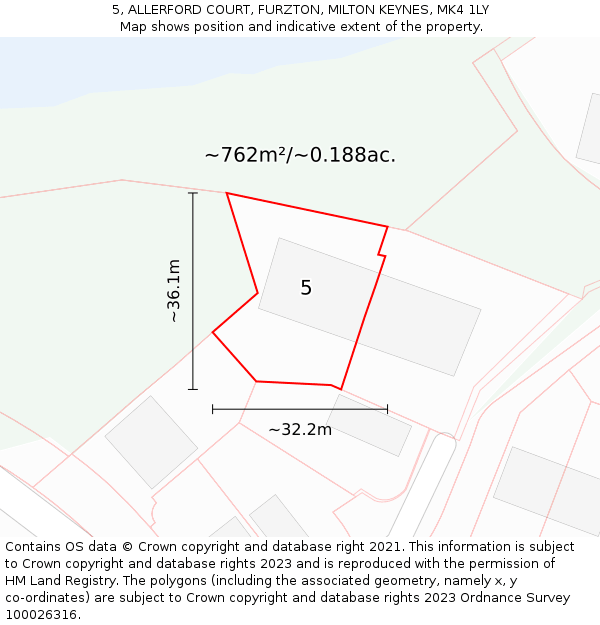 5, ALLERFORD COURT, FURZTON, MILTON KEYNES, MK4 1LY: Plot and title map