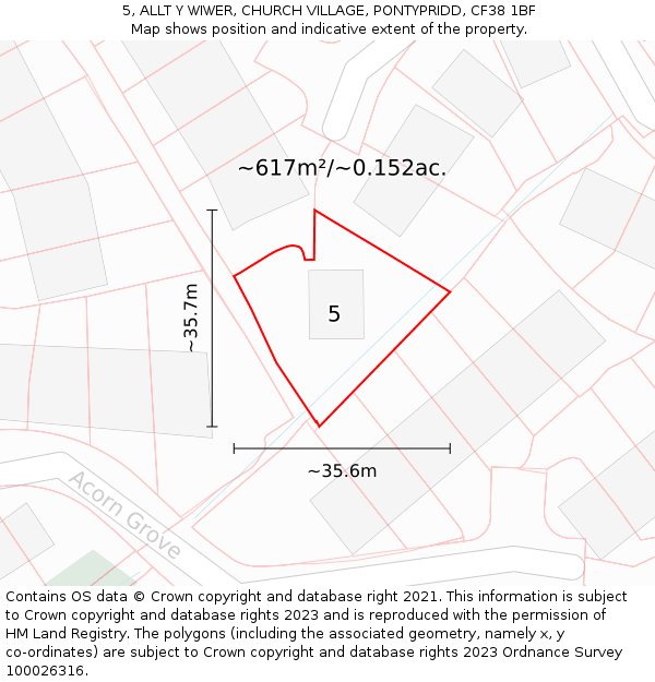 5, ALLT Y WIWER, CHURCH VILLAGE, PONTYPRIDD, CF38 1BF: Plot and title map