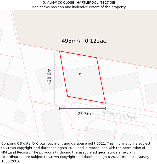 5, ALNWICK CLOSE, HARTLEPOOL, TS27 3JE: Plot and title map