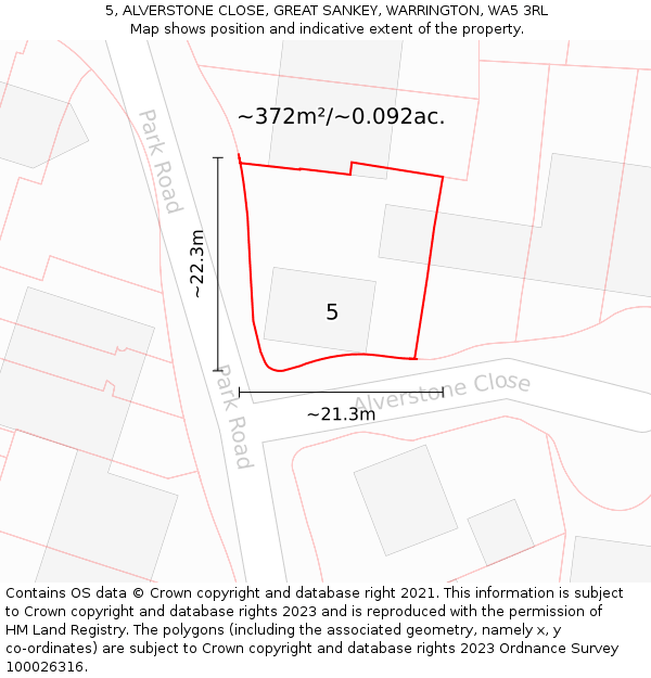 5, ALVERSTONE CLOSE, GREAT SANKEY, WARRINGTON, WA5 3RL: Plot and title map