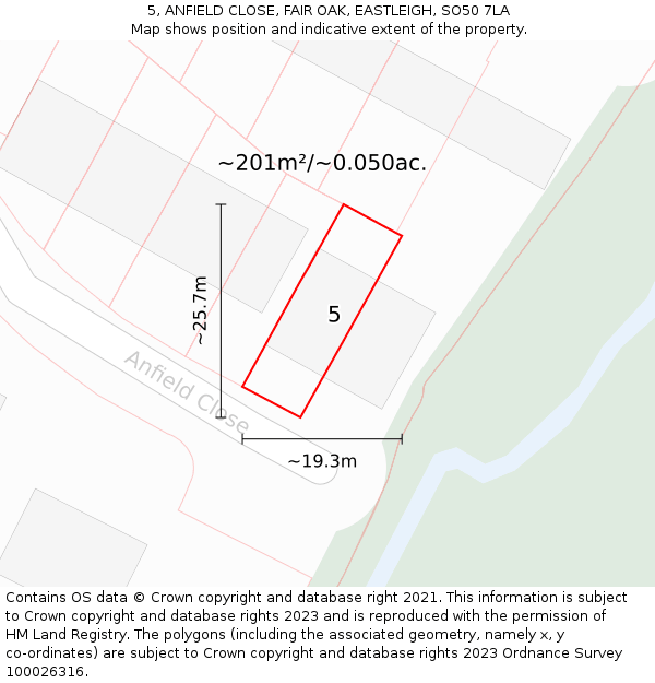 5, ANFIELD CLOSE, FAIR OAK, EASTLEIGH, SO50 7LA: Plot and title map