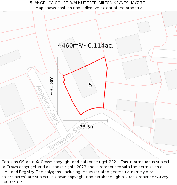 5, ANGELICA COURT, WALNUT TREE, MILTON KEYNES, MK7 7EH: Plot and title map