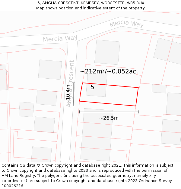 5, ANGLIA CRESCENT, KEMPSEY, WORCESTER, WR5 3UX: Plot and title map