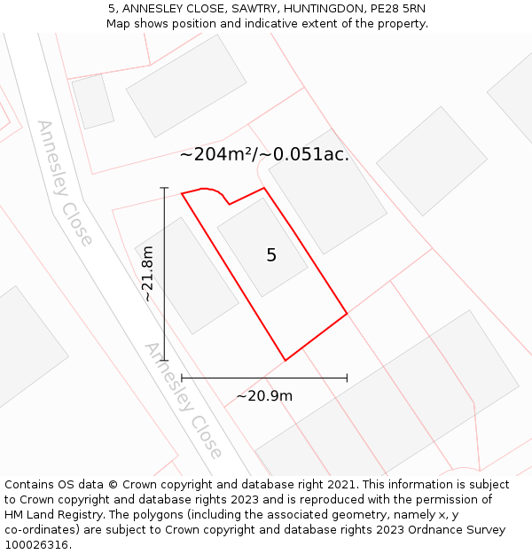 5, ANNESLEY CLOSE, SAWTRY, HUNTINGDON, PE28 5RN: Plot and title map