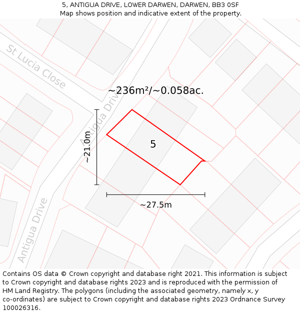 5, ANTIGUA DRIVE, LOWER DARWEN, DARWEN, BB3 0SF: Plot and title map