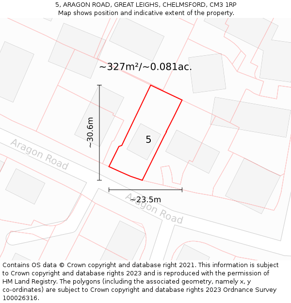5, ARAGON ROAD, GREAT LEIGHS, CHELMSFORD, CM3 1RP: Plot and title map