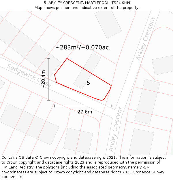 5, ARKLEY CRESCENT, HARTLEPOOL, TS24 9HN: Plot and title map