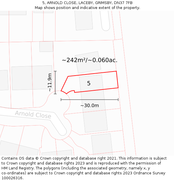 5, ARNOLD CLOSE, LACEBY, GRIMSBY, DN37 7FB: Plot and title map