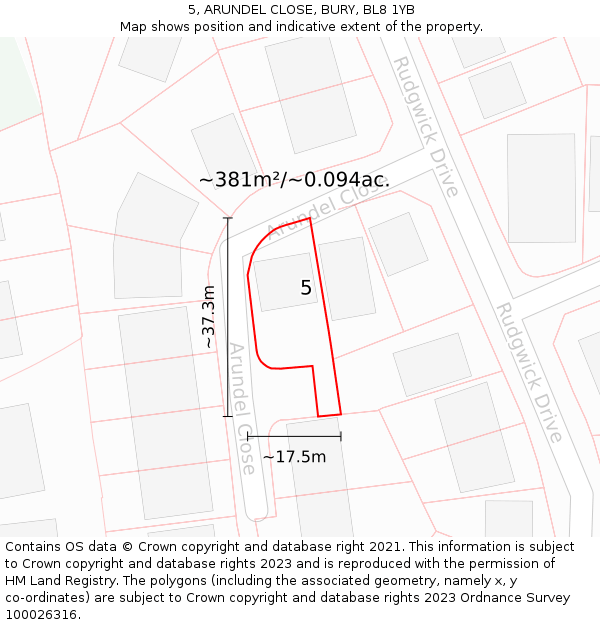 5, ARUNDEL CLOSE, BURY, BL8 1YB: Plot and title map