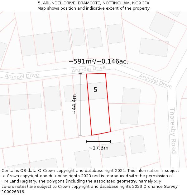 5, ARUNDEL DRIVE, BRAMCOTE, NOTTINGHAM, NG9 3FX: Plot and title map