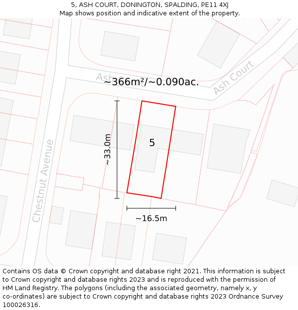 5, ASH COURT, DONINGTON, SPALDING, PE11 4XJ: Plot and title map