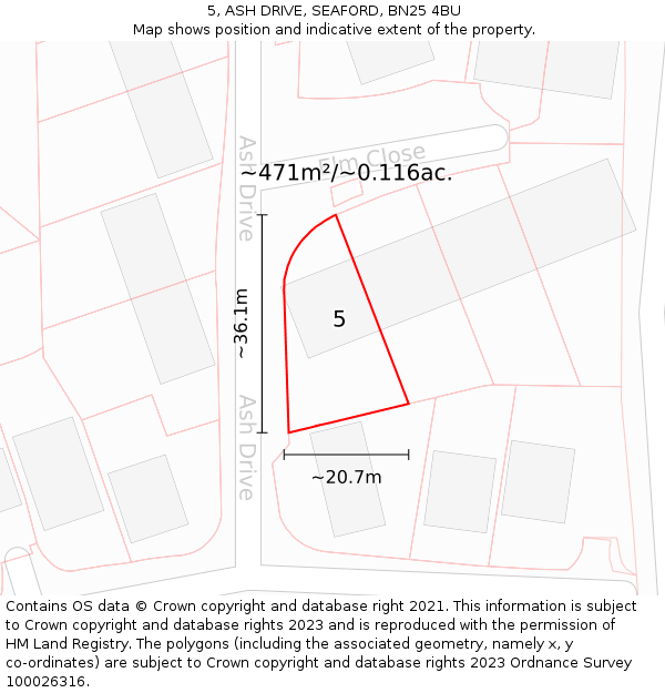 5, ASH DRIVE, SEAFORD, BN25 4BU: Plot and title map