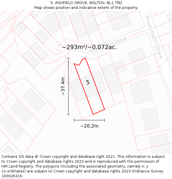 5, ASHFIELD GROVE, BOLTON, BL1 7RD: Plot and title map