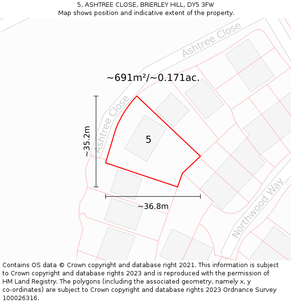 5, ASHTREE CLOSE, BRIERLEY HILL, DY5 3FW: Plot and title map