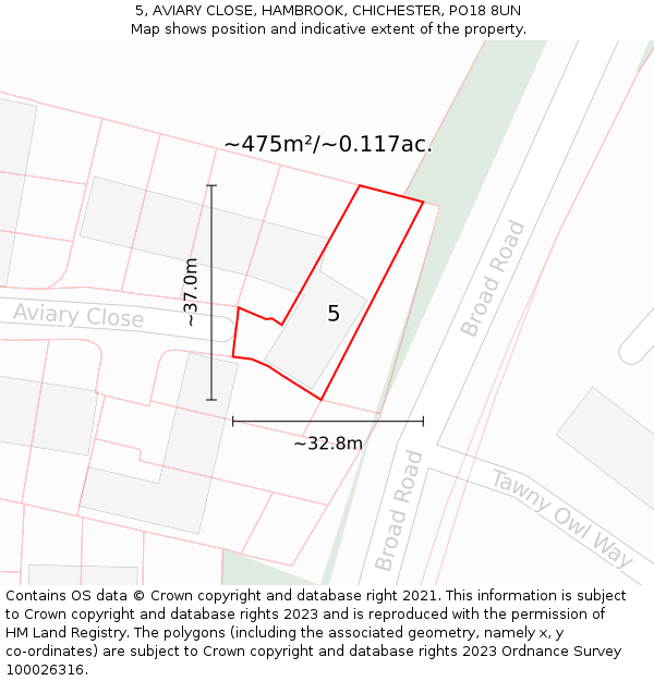 5, AVIARY CLOSE, HAMBROOK, CHICHESTER, PO18 8UN: Plot and title map