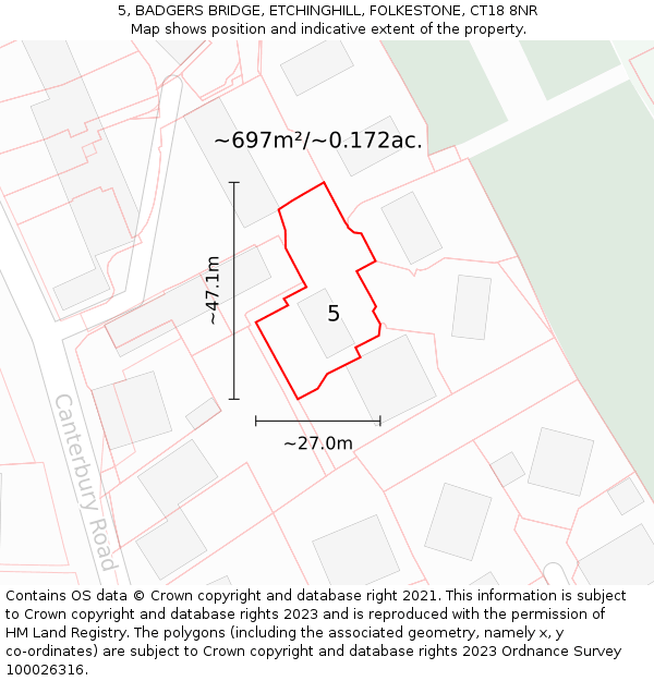 5, BADGERS BRIDGE, ETCHINGHILL, FOLKESTONE, CT18 8NR: Plot and title map