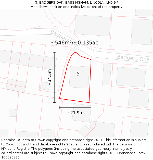 5, BADGERS OAK, BASSINGHAM, LINCOLN, LN5 9JP: Plot and title map