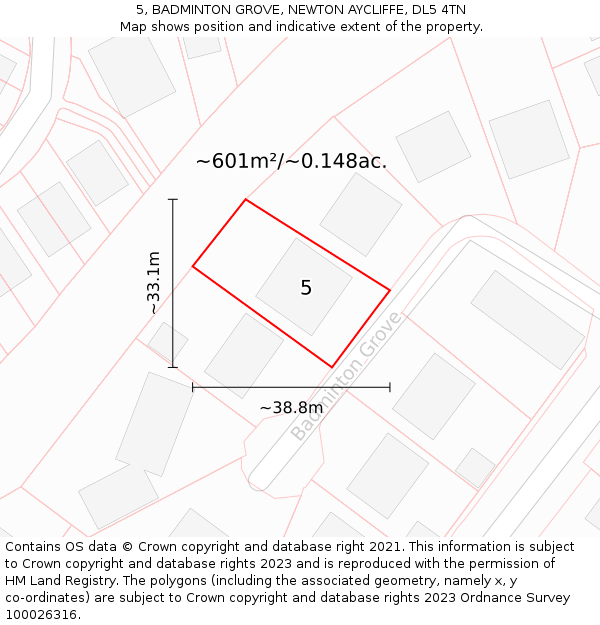 5, BADMINTON GROVE, NEWTON AYCLIFFE, DL5 4TN: Plot and title map