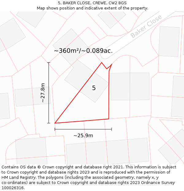 5, BAKER CLOSE, CREWE, CW2 8GS: Plot and title map