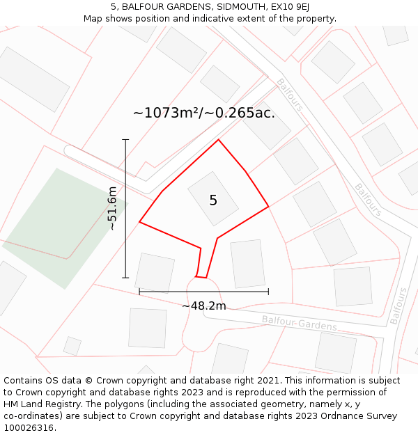 5, BALFOUR GARDENS, SIDMOUTH, EX10 9EJ: Plot and title map