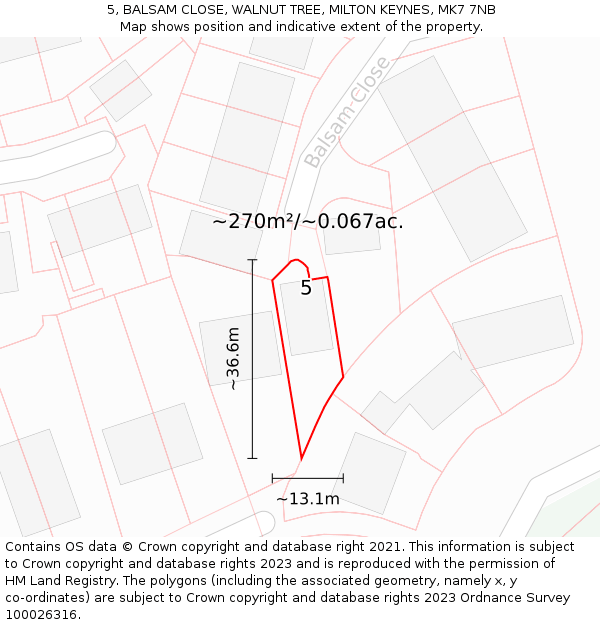 5, BALSAM CLOSE, WALNUT TREE, MILTON KEYNES, MK7 7NB: Plot and title map