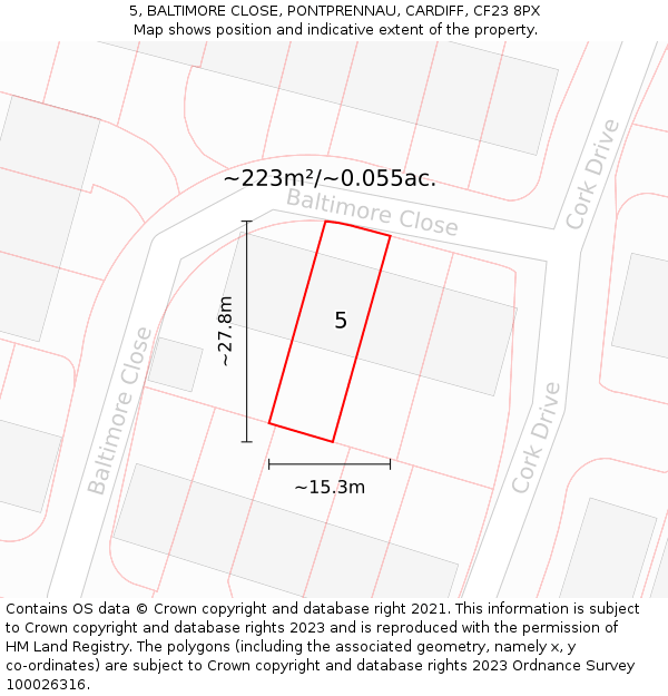 5, BALTIMORE CLOSE, PONTPRENNAU, CARDIFF, CF23 8PX: Plot and title map