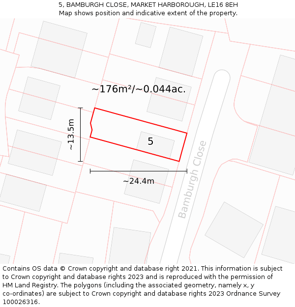 5, BAMBURGH CLOSE, MARKET HARBOROUGH, LE16 8EH: Plot and title map