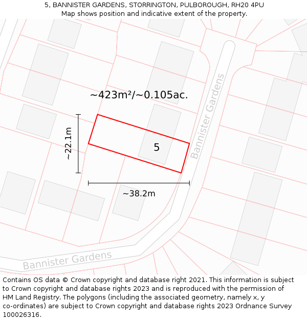 5, BANNISTER GARDENS, STORRINGTON, PULBOROUGH, RH20 4PU: Plot and title map