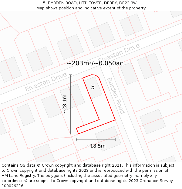 5, BARDEN ROAD, LITTLEOVER, DERBY, DE23 3WH: Plot and title map