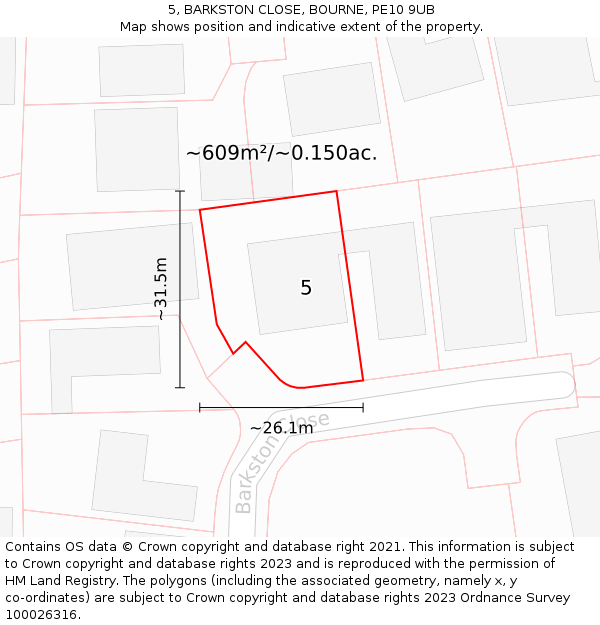 5, BARKSTON CLOSE, BOURNE, PE10 9UB: Plot and title map