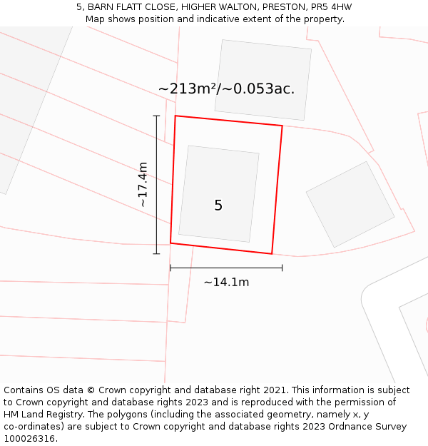 5, BARN FLATT CLOSE, HIGHER WALTON, PRESTON, PR5 4HW: Plot and title map