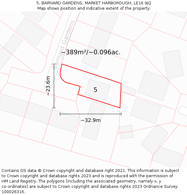 5, BARNARD GARDENS, MARKET HARBOROUGH, LE16 9JQ: Plot and title map
