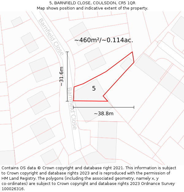 5, BARNFIELD CLOSE, COULSDON, CR5 1QR: Plot and title map