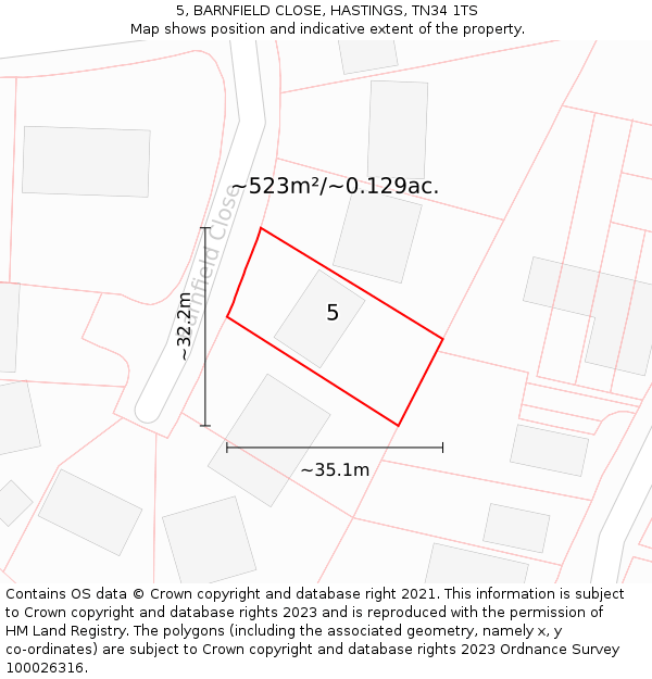 5, BARNFIELD CLOSE, HASTINGS, TN34 1TS: Plot and title map