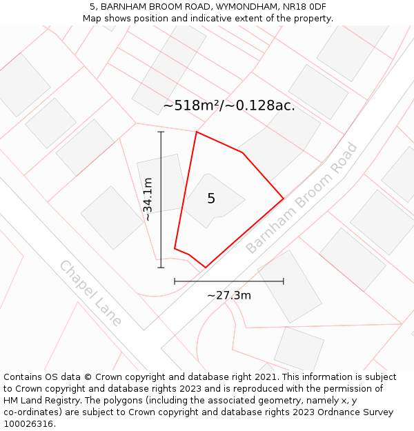 5, BARNHAM BROOM ROAD, WYMONDHAM, NR18 0DF: Plot and title map
