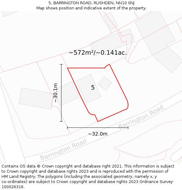 5, BARRINGTON ROAD, RUSHDEN, NN10 0NJ: Plot and title map