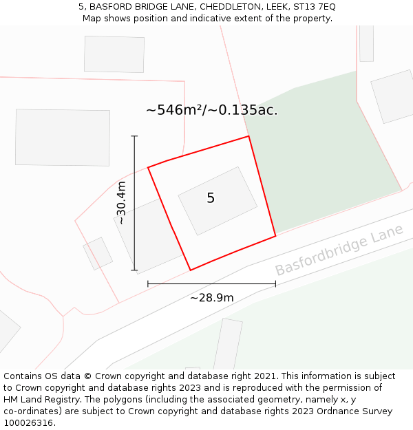 5, BASFORD BRIDGE LANE, CHEDDLETON, LEEK, ST13 7EQ: Plot and title map