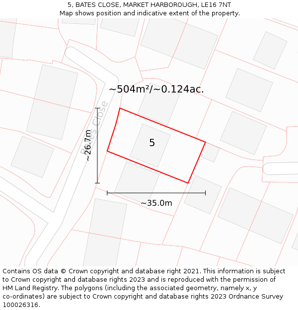 5, BATES CLOSE, MARKET HARBOROUGH, LE16 7NT: Plot and title map