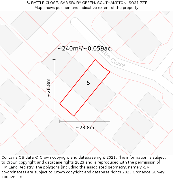 5, BATTLE CLOSE, SARISBURY GREEN, SOUTHAMPTON, SO31 7ZF: Plot and title map