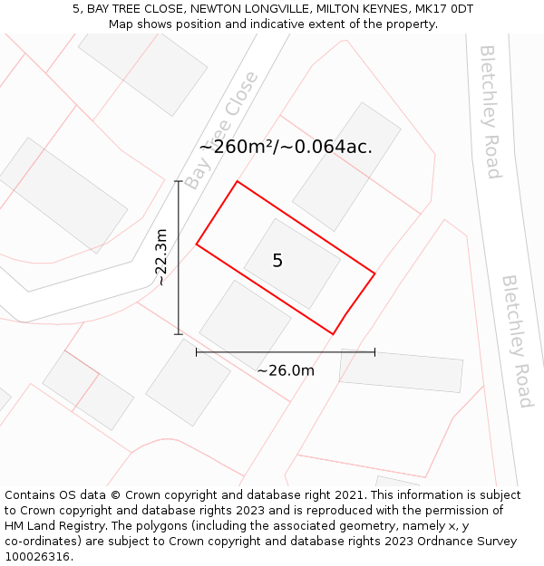 5, BAY TREE CLOSE, NEWTON LONGVILLE, MILTON KEYNES, MK17 0DT: Plot and title map