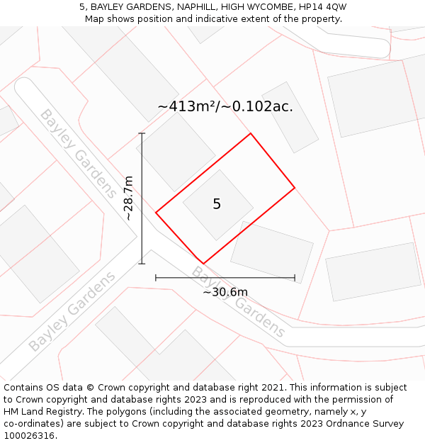 5, BAYLEY GARDENS, NAPHILL, HIGH WYCOMBE, HP14 4QW: Plot and title map