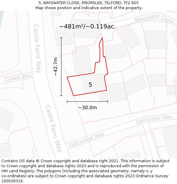 5, BAYSWATER CLOSE, PRIORSLEE, TELFORD, TF2 9GY: Plot and title map