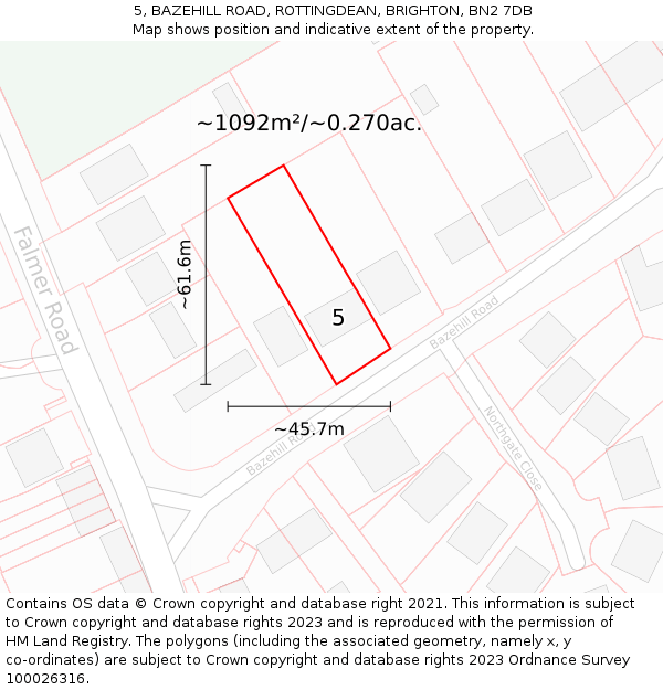 5, BAZEHILL ROAD, ROTTINGDEAN, BRIGHTON, BN2 7DB: Plot and title map